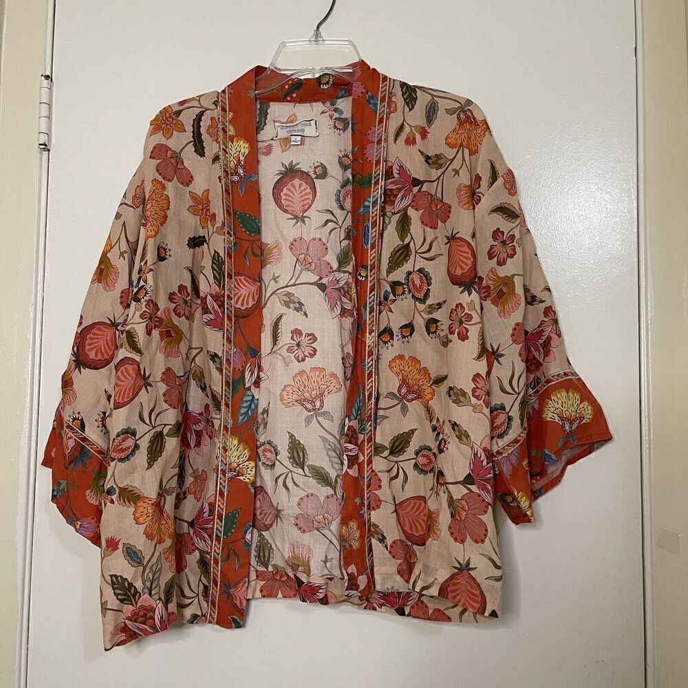 Johnny Was Workshop orange floral Ramie Open front kimono top size Small